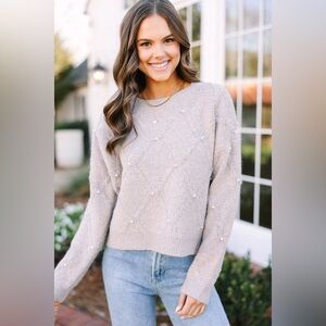 Dreamers by Debut Taupe Brown Pearl Embellished Sweater